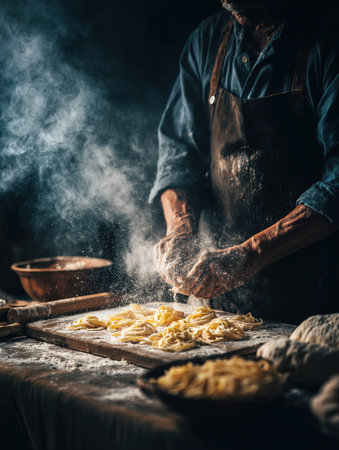 A chef's hands craft fresh pasta, with flour swirling in a warm, rustic kitchen setting.の素材