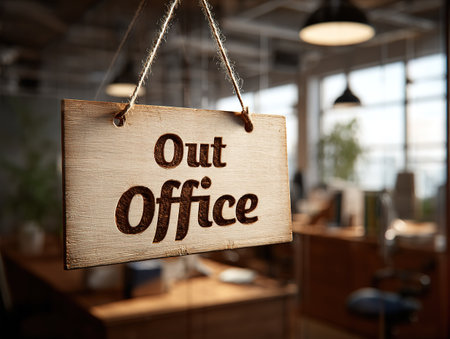 A wooden 'Out of Office' sign hangs in a modern, blurred office interior.の素材