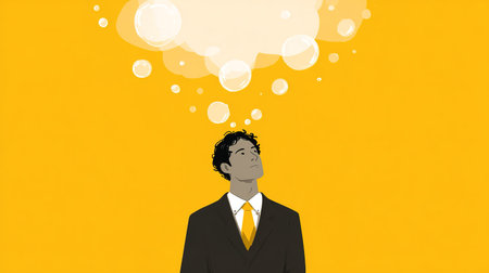 Creative thinking concept with a businessman looking up at thought bubbles.の素材