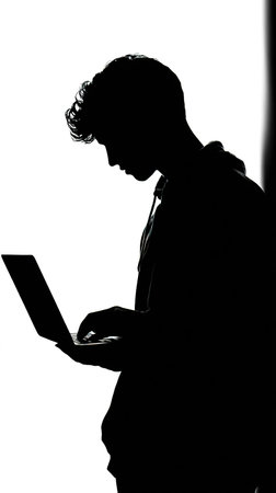 Silhouette of a mysterious man using a laptop, representing cyber security.の素材