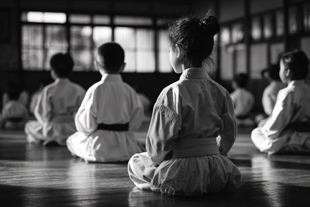 Black and white rear view of children in martial arts class, focused and sereneの素材