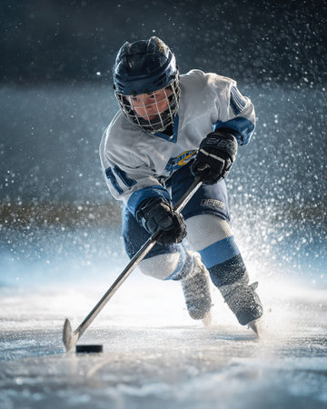 Action shot of a young hockey player powerfully skating with puck.の素材