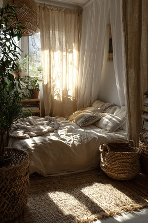 Serene bohemian bedroom with warm sunlight, natural textures, and plants.の素材
