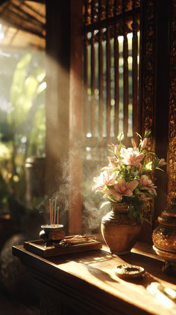 Peaceful scene with incense smoke, pink lilies, and warm sunbeams indoors.の素材