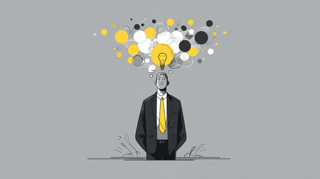 Minimalist illustration of a businessman with a bright idea and brainstorming bubbles.の素材