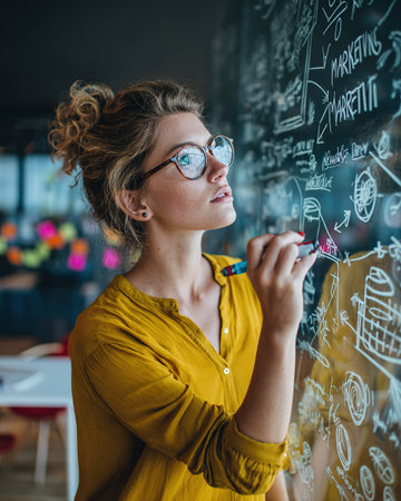 Young woman brainstorming marketing strategy on a glass whiteboard, focused and creative.の素材