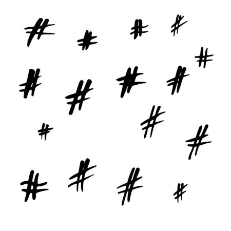 Handwritten hashtag silhouette signs on white background. Vector illustrationのイラスト素材