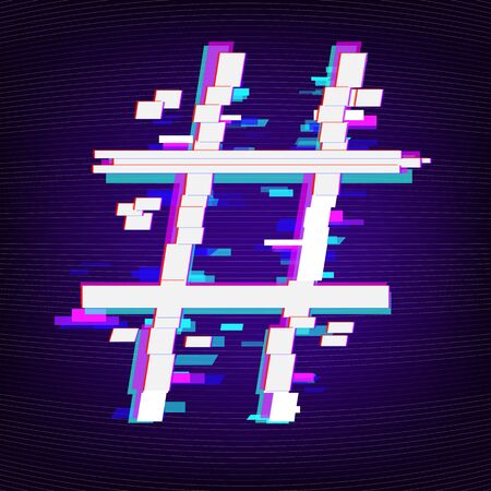 Hashtag or number sign on dark background. Distorted glitch style effect. Element for graphic design - banner, poster, flyer, brochure, card. Template for Education, Business. Vector illustration.のイラスト素材