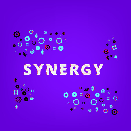 Synergy text on purple background with gears and puzzles shapes. Distorted glitch style effect. Element for graphic design  banner, poster, flyer, brochure, card, blog. Vector illustration.のイラスト素材