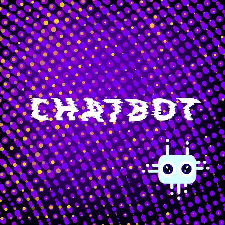 Chat bot robot virtual assistance with abstract dots background. Chatbot phrase with distorted glitch style effect. Vector illustration.のイラスト素材