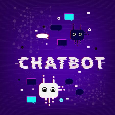 Chat bot robot virtual assistance. Chatbot concept. Distorted glitch style effect. Vector illustration.のイラスト素材