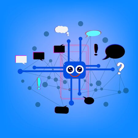 Chatbot on abstract connecting background. Chat bot robot virtual assistance. Elements for banner, poster, flyer, card. Vector illustration.のイラスト素材
