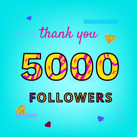 5000 Followers thank you post on bright blue background with random items. Memphis trendy effect of typography. Banner of 5K subscribers for blog. Template for social media post.のイラスト素材