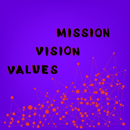 Mission, Vision, Values business phrases with chromatic defect style on violet background with connecting lines and dots. Chromatic aberration effect. Element for graphic design. Vector illustration. のイラスト素材