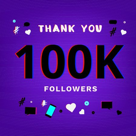 100K Followers thank you post on ultraviolet background. Chromatic aberration trendy effect. Thankful banner for blog. Template for social media post. Vector illustration.のイラスト素材