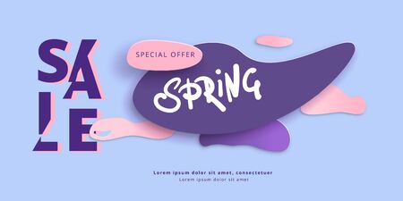 Spring Sale banner with paper cut elements. Ultra violet palette colors. Sliced text style. Template for promotional advertising. Element for graphic design. Vector illustration.のイラスト素材