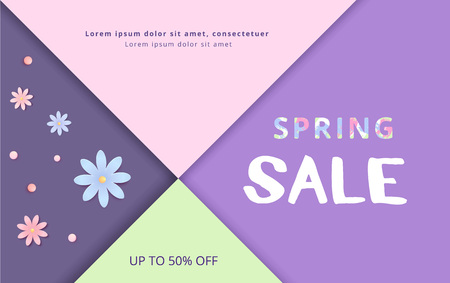 Spring Sale banner on colorful background. Template for advertising. Element for graphic design - poster, flyer, brochure, card. Vector illustration.のイラスト素材