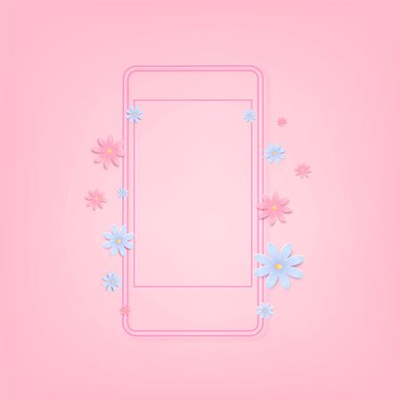 Cover with empty phone frame and flowers. Pink background, elements for graphic design - banner, poster, brochure, card vector illustration.のイラスト素材