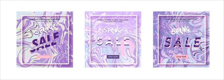 Set of spring sale ultra violet square banners with liquid backgrounds. Templates for promotional advertising. Covers for graphic design - poster, flyer, brochure, card vector illustration.のイラスト素材
