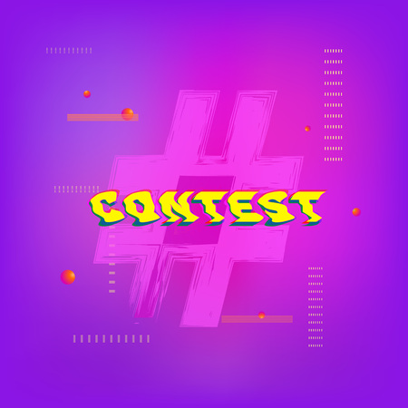 Contest word with rhashtag. Glitch chromatic aberration trendy effect.  Element for graphic design - poster, flyer, brochure, card. Template for social media. Vector Illustration.のイラスト素材