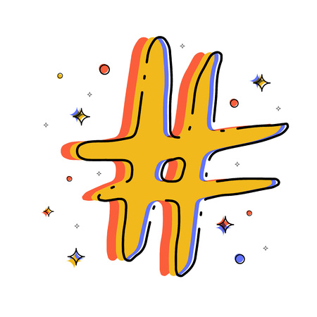 Hashtag sign isolated. Distorted glitch and chromatic aberration trendy effect. Element for graphic design - poster, brochure, card, tag, sticker, badge. Vector illustration.のイラスト素材