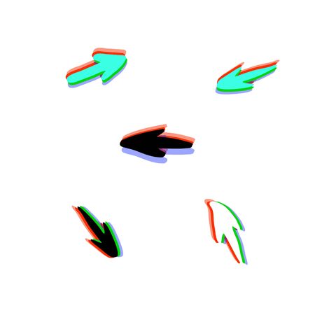 Set of hand drawn arrows. Distorted glitch and chromatic aberration trendy effect. Element for graphic design - poster, brochure, card, tag, sticker, badge. Vector illustration.のイラスト素材