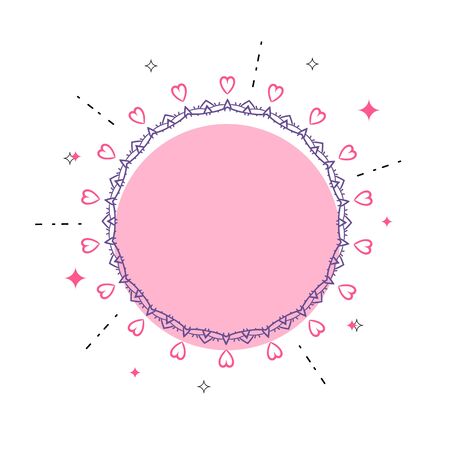 Flat round promotion banner with hearts and random items. Empty circle frame.  Element for graphic design. Vector illustration.のイラスト素材