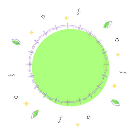 Round flat frame with geometric decorations. Memphis style. Element for graphic design - poster, brochure, card, tag, sticker, badge. Vector illustration.のイラスト素材