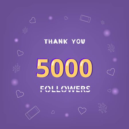 5000 Followers thank you square banner with items round frame. Ultra violet palette colors. Element for graphic design. Template for social media post. Vector illustration.のイラスト素材
