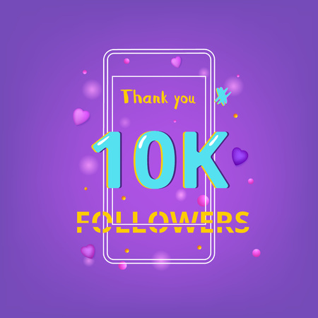 10K Followers thank you phrase with random items. Template for social media post. Chromatic aberration style. Ultra violet palette colors. 10000 subscribers banner. Vector illustration.のイラスト素材