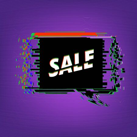 Sale banner. Sale text on geometric bubble with random decorative shapes. Distorted glitch and chromatic aberration trendy effect. Element for graphic design. Vector illustration.のイラスト素材