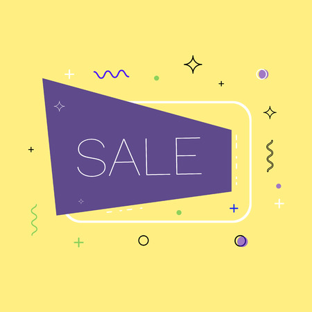 Sale. Text on geometric horizontal banner with random decorative shapes.Element for graphic design - poster, flyer, brochure, card, tag, sticker, badge. Vector illustration.のイラスト素材