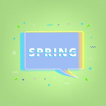 Spring lettering on geometric vivid banner. Memphis style. Element for graphic design. Vector illustration.のイラスト素材