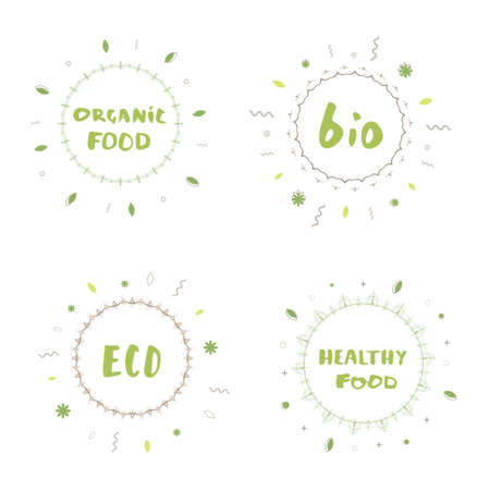 Set of round banners with random decorative shapes and frames.のイラスト素材