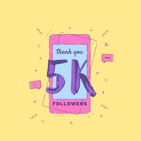 5K Followers vivid banner with phone. Template for social media.のイラスト素材