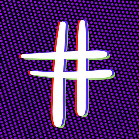 Hand drawn Hashtag sign. Number symbol. Glitch chromatic aberration effect. Element for graphic design - blog, social media, banner, poster, flyer, card. Vector illustration.のイラスト素材