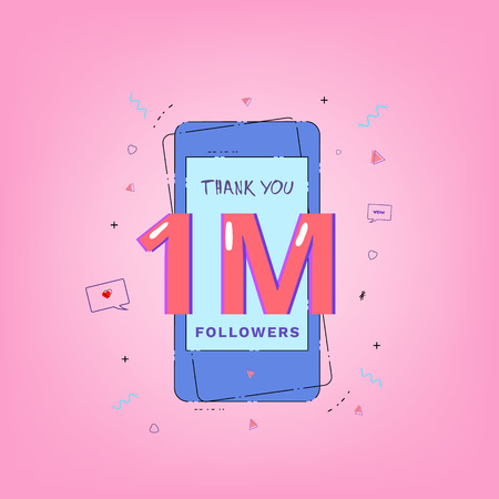 1M Followers thank you. Template for social media post. Glitch chromatic aberration style. One million subscribers banner with phone for networks. Vector illustration.のイラスト素材
