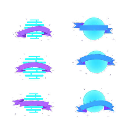 Set of bright ribbon badges with circles and abstract shapes. Isolated vector illustration.のイラスト素材