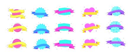 Set of ribbon badges with dashed lines and geometric abstract shapes. Elements for graphic design - banner, ad, poster, flyer, tag, coupon, card, emblem, badge. Vector illustration.のイラスト素材