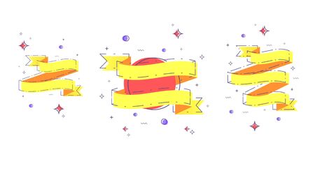 Vector flat set of ribbons with dashed lines and geometric abstract shapes. Elements for graphic design - banner, ad, poster, flyer, tag, coupon, card, emblem, badge. Vector illustration.のイラスト素材