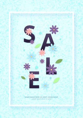 Vertical Sale banner with frame and flowers. Element for graphic design - ad, poster, flyer, tag, coupon, card. Vector illustration.のイラスト素材