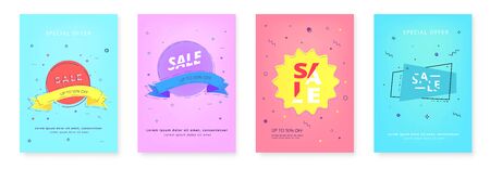 Set of vertical Sale cards. Sliced clearance lettering with ribbons and geometric shapes.  Vector illustration.のイラスト素材