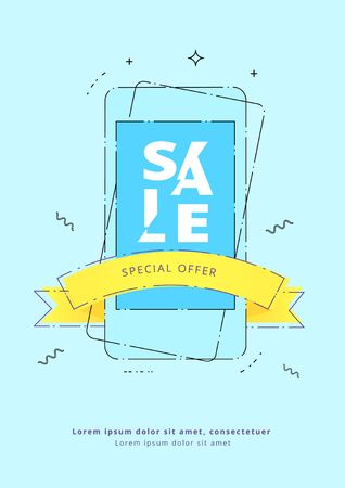 Sale vertical card. Sliced lettering with phone and ribbon. Element for graphic design - banner, ad, poster, flyer, tag, coupon, web. Vector illustration.のイラスト素材