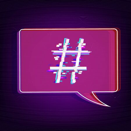 Hashtag sign with speech bubble isolated. Glitch chromatic aberration trendy effect. Element for graphic design - blog, social media, banner, poster, flyer, card. Vector illustration.のイラスト素材