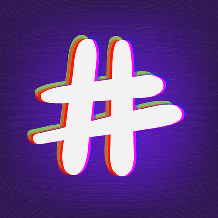 Hand drawn Hashtag sign isolated. Number symbol. Glitch chromatic aberration effect. Element for graphic design - blog, social media, banner, poster, flyer, card. Vector illustration.のイラスト素材
