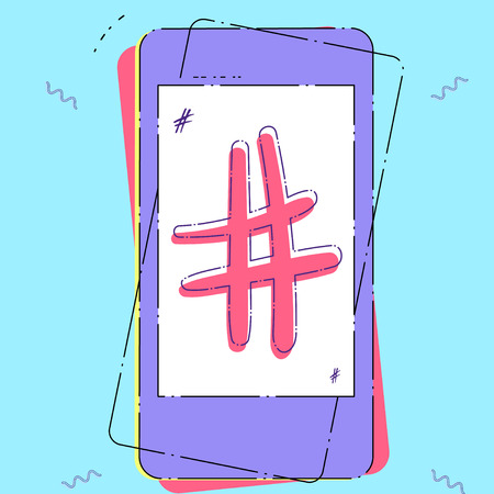 Hand drawn Hashtag sign with phone. Number symbol. Element for graphic design - blog, social media, banner, poster, flyer, card. Vector illustration.のイラスト素材
