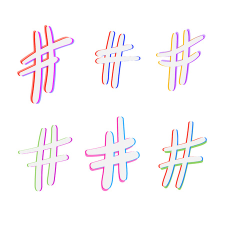 Set of Hand drawn Hashtag signs isolated. Number symbol. Glitch chromatic aberration  effect. Element for graphic design - blog, social media, banner, poster, flyer, card. Vector illustration.のイラスト素材