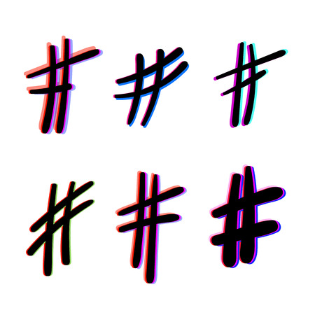 Set of Hand drawn Hashtags. Number symbols. Glitch chromatic aberration  effect. Vector illustration.のイラスト素材