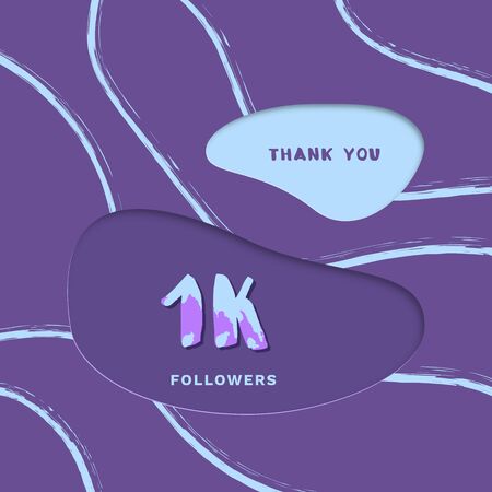 1K followers thank you card. Cover 1000 subscribers with papercut effect and brush abstract lines. Template for social media. Vector illustration.のイラスト素材