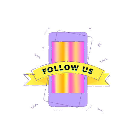 Follow us phrase with holographic phone screen and ribbon Vector illustration.のイラスト素材
